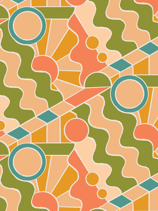 Day Trippin' Wallpaper Olive Green, Peach, Coral and Blue - LUXE Peel & Stick - Wallpaper