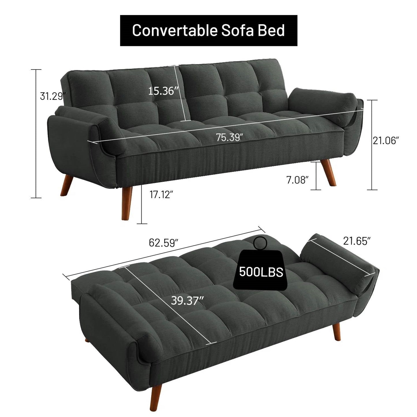 Mid-Century Modern Sofa Bed in Dark Grey Linen Polyester Tufted Upholstery- HomePacific- {{Product type}}