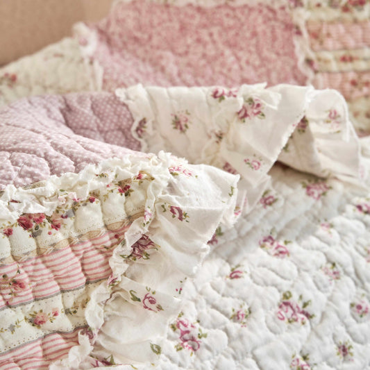 DaDalogy Cotton Patchwork Throw Blanket Quilted Reversible Blush Pink Vintage Garden Rose Pastel Accents - - Throw Blankets