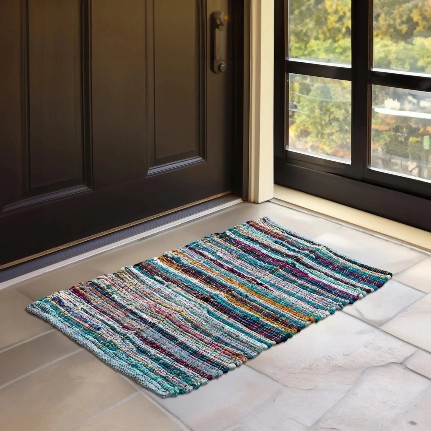 HOMEMONDE Boho Chindi Rag Rug 20"x32" Multi Green Recycled Soft Cotton Fabric Hand Crafted Reversible Boho Rugs for Entyrway Doormat Kitchen Bedroom Living Room Kia Day Design