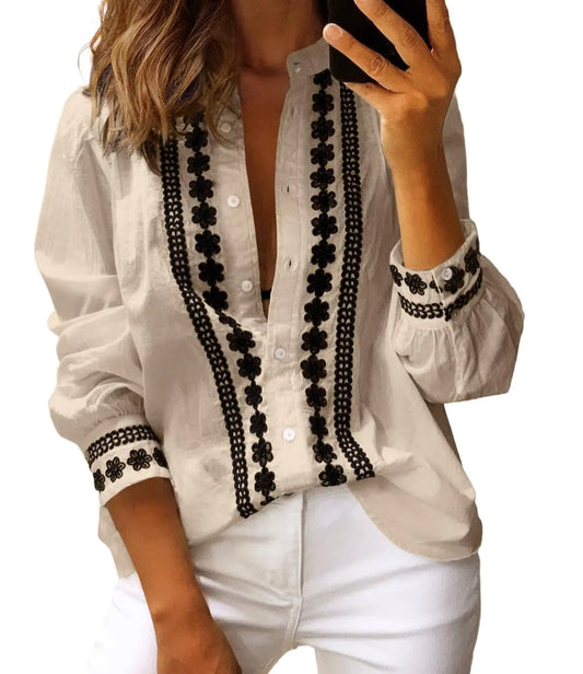 Long Sleeve V Neck Lace Casual Button Down Fall Trendy Shirts Apricot Medium - Kia Day Design