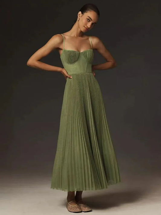 Green Backless Slim Fit Sleeveless Dress - - dress