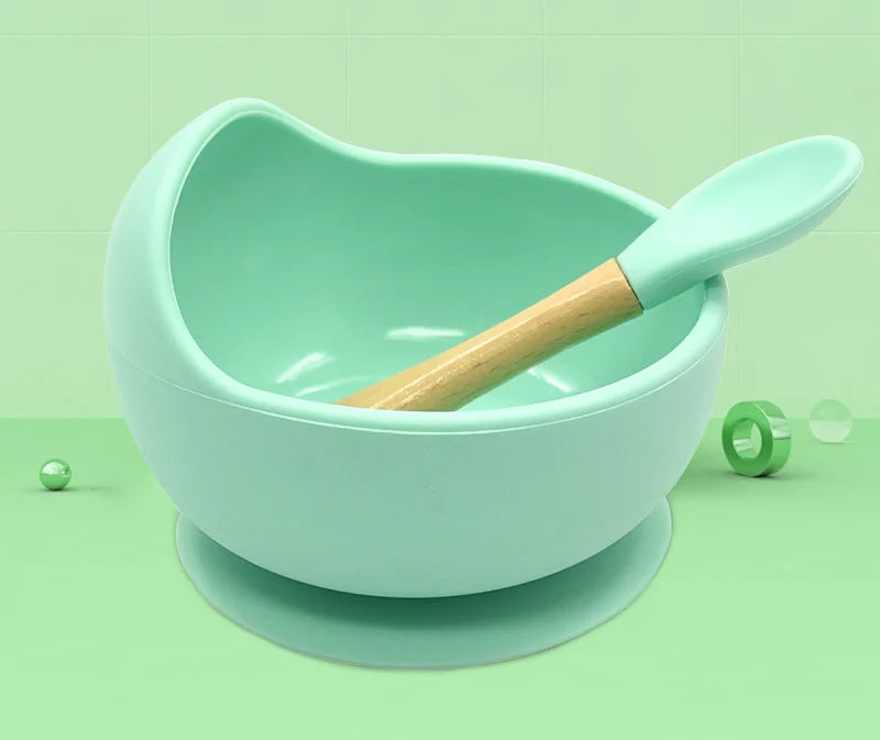 Baby Silicone Feeding Set with Wooden Handle Spoon Mint Green
