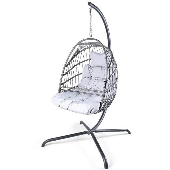 Folding Egg Chair with Stand Indoor and Outdoor Rattan Basket Chair With C-bracket - Kia Day Design