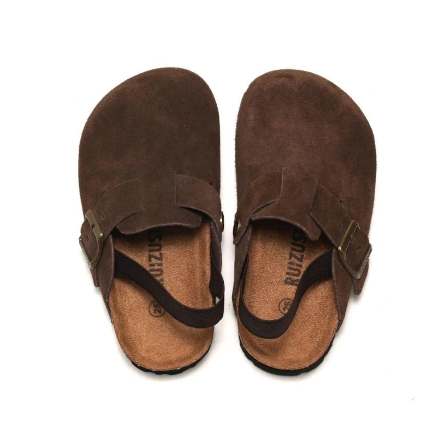 LEPHYON Toddler Clogs Kids Suede Clogs with Strap Boys Girls Sandals Cork Sole Adjustable Buckles Comfortable Slippers Slip-on Mules Coffee 9 Kia Day Design