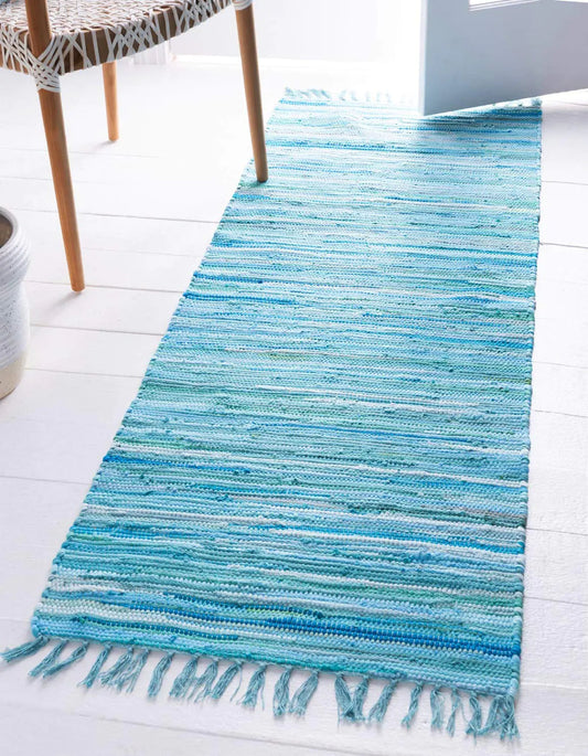 Blue Unique Loom Cotton Soft Hand-Woven Natural Fiber Striped Area Rug - Kia Day Design