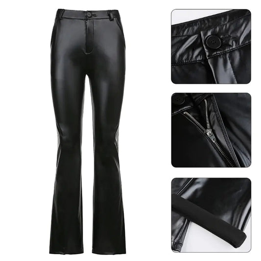 Women Vintage Shiny Black Faux Leather Pants Kia Day Design