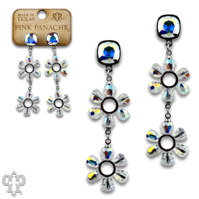 Iridescent bead double circle earring with Austrian crystal - Silver - Earrings