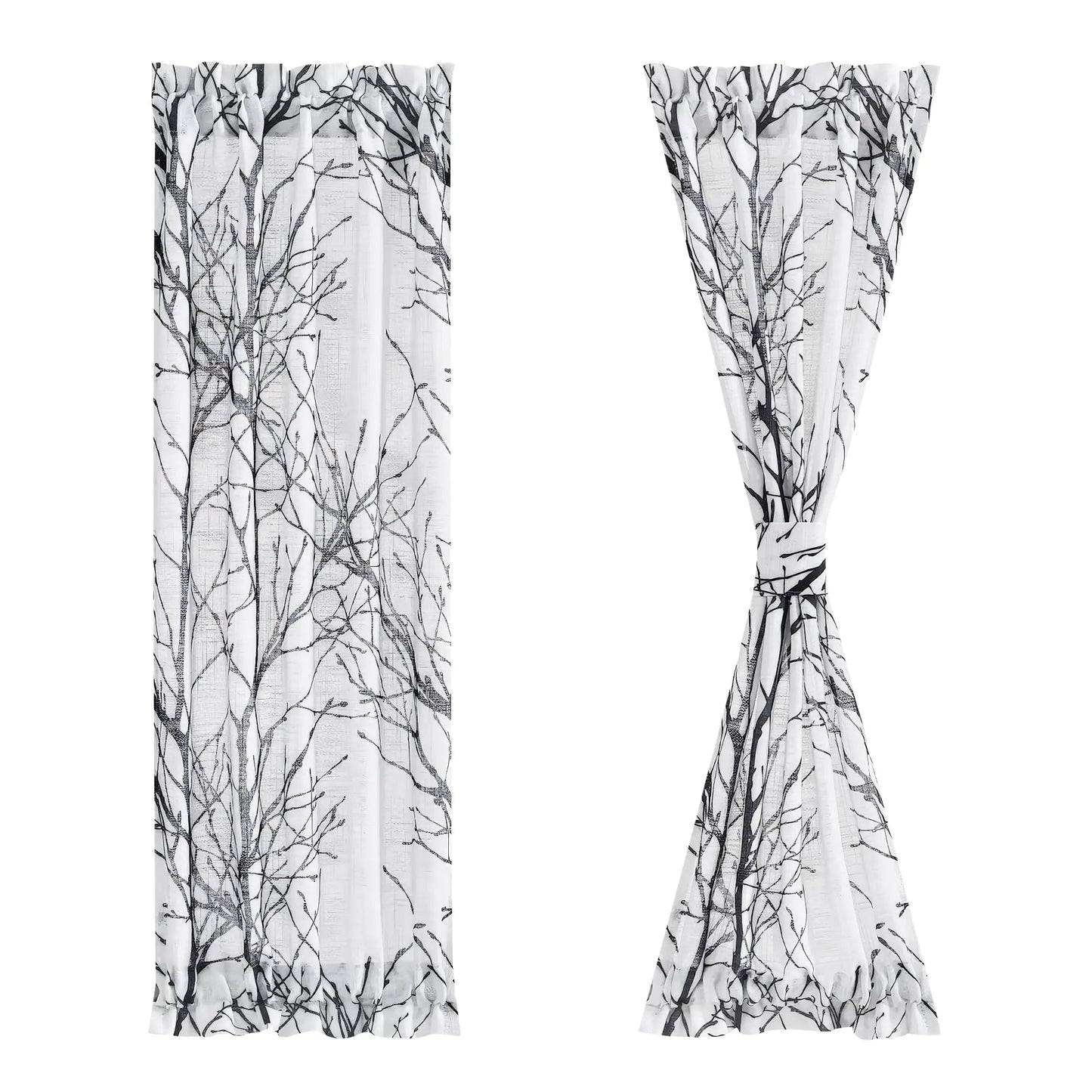 FMFUNCTEX Sheer Sidelight Front Door Curtains 40 Inches Long White Black Branch Tree Half Print Curtain for Patio Doors with Matching Tiebacks 24 Inches Wide 2 Panels Set Kia Day Design