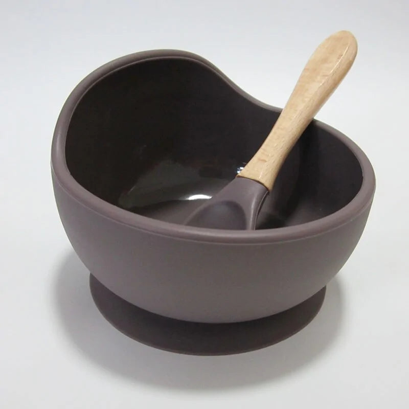 Baby Silicone Feeding Set with Wooden Handle Spoon Dark Gray