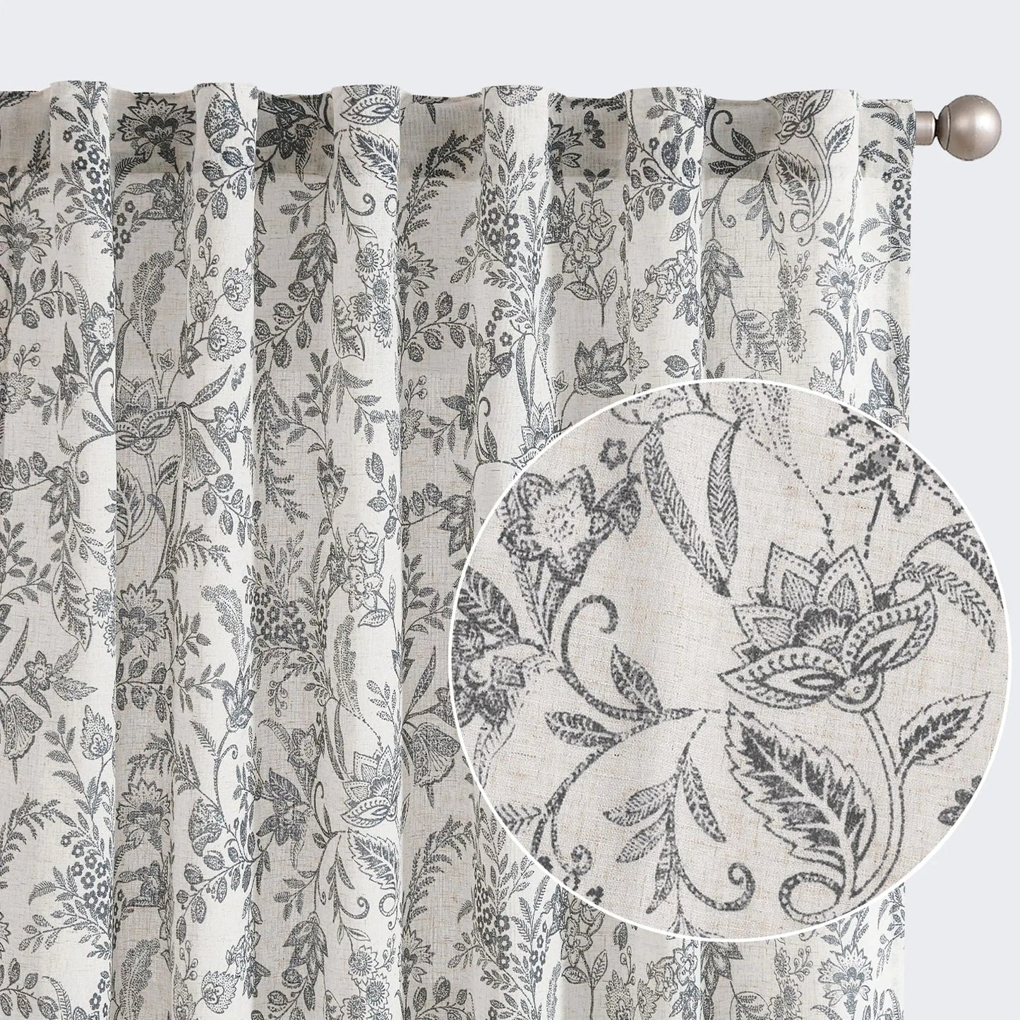 Linen Black Floral Curtains 90 Inch Length Back Tab Drapes Light Filtering Rod Pocket Curtains 2 Panels - Kia Day Design