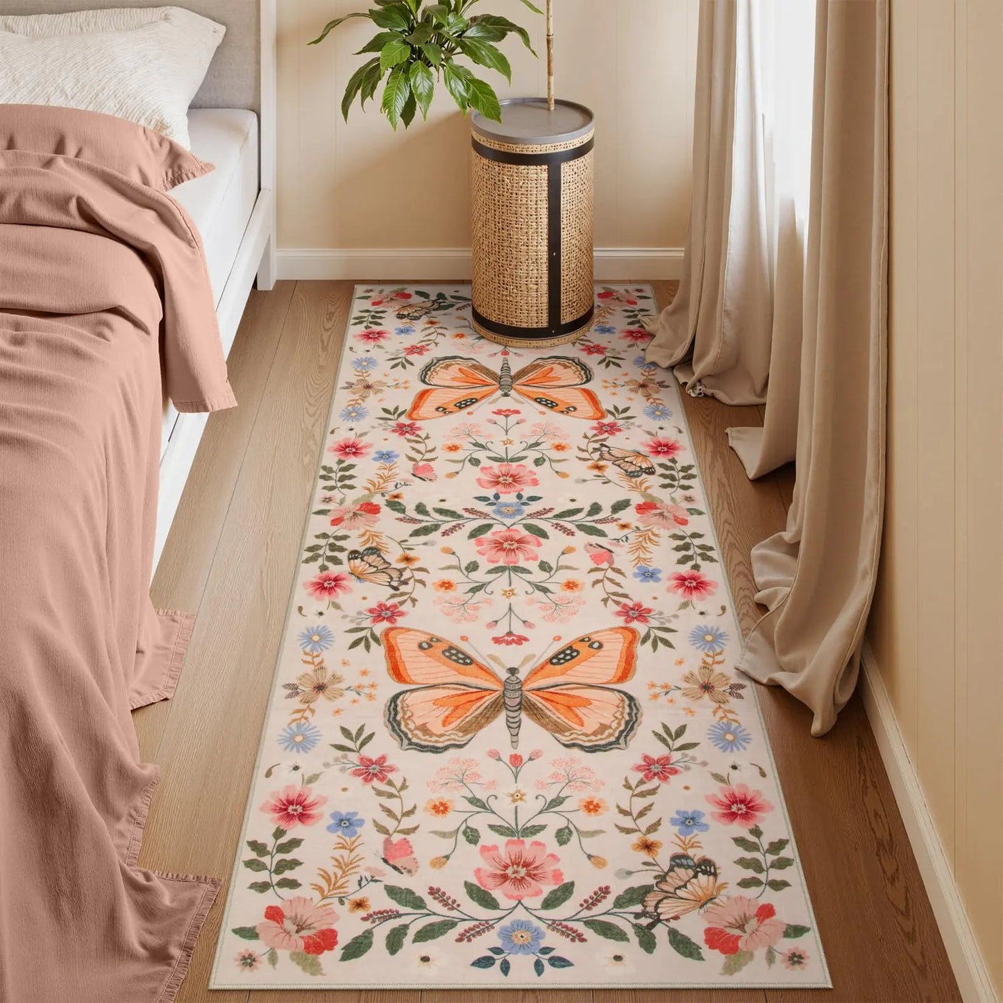 Butterfly Ultra Thin Non Slip Washable Low Pile Runner - Kia Day Design