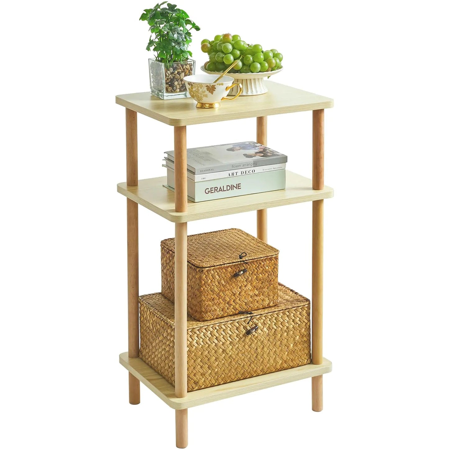 3-Tier Side Table Solid Wood with Storage Shelves - - Table