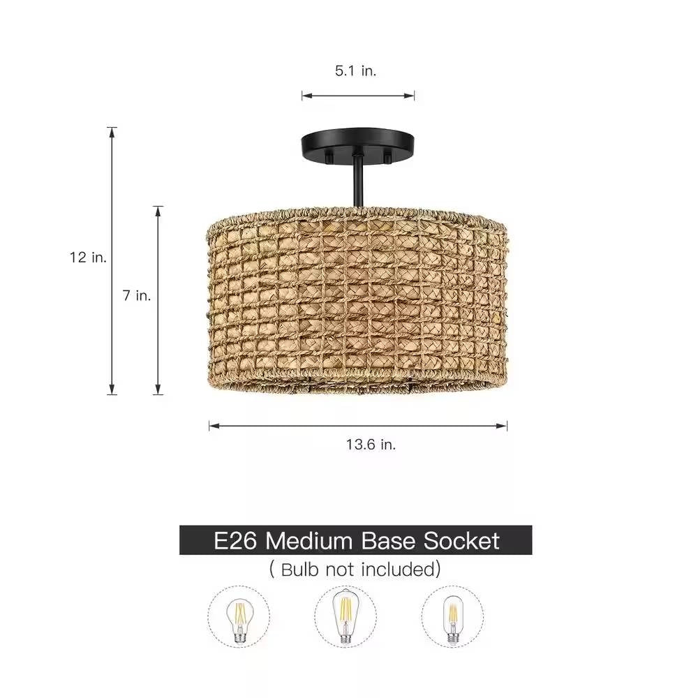 Bohemian 13.6-inch Round Rattan Drum 2-Light Ceiling Light - Semi-Flush Mount - - Lighting > Ceiling Lights & Pendant Lighting