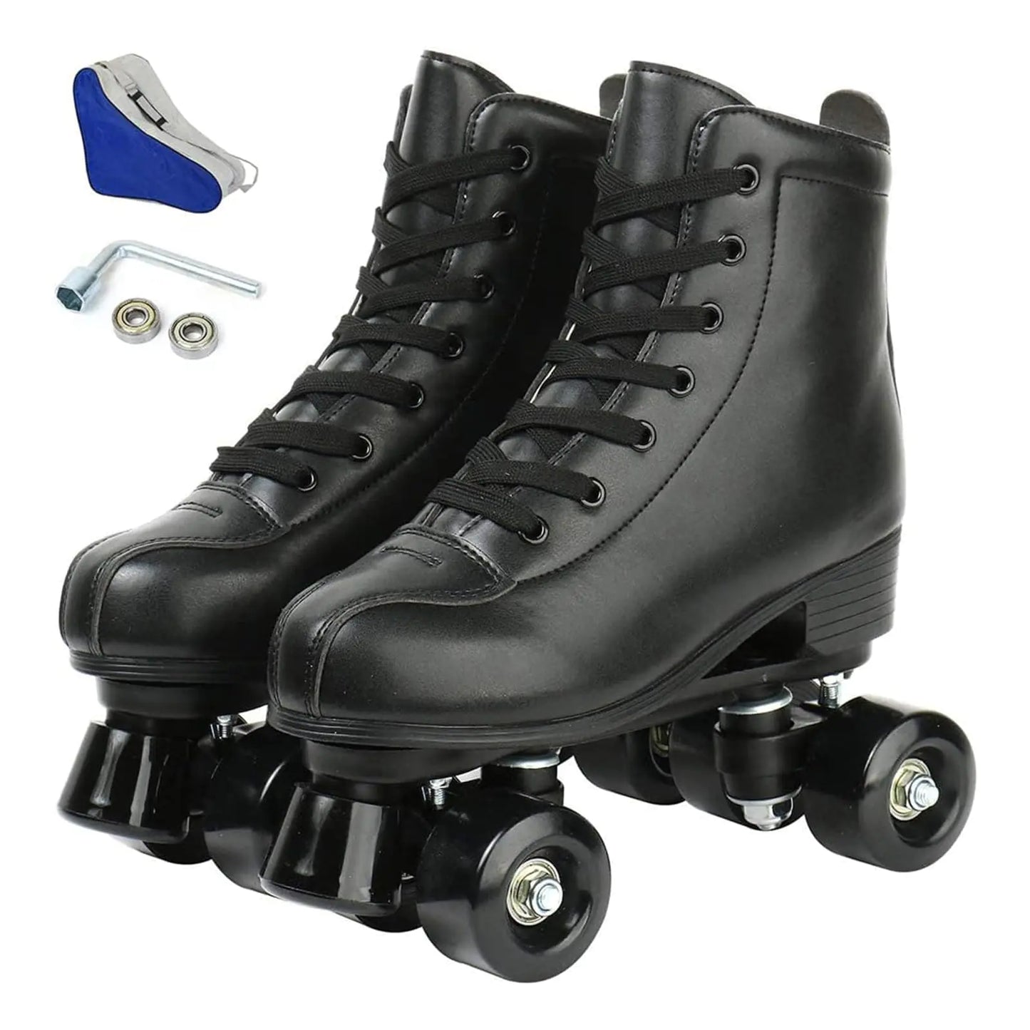 Black Artificial Leather Adjustable Wheel Roller Skates - - skates