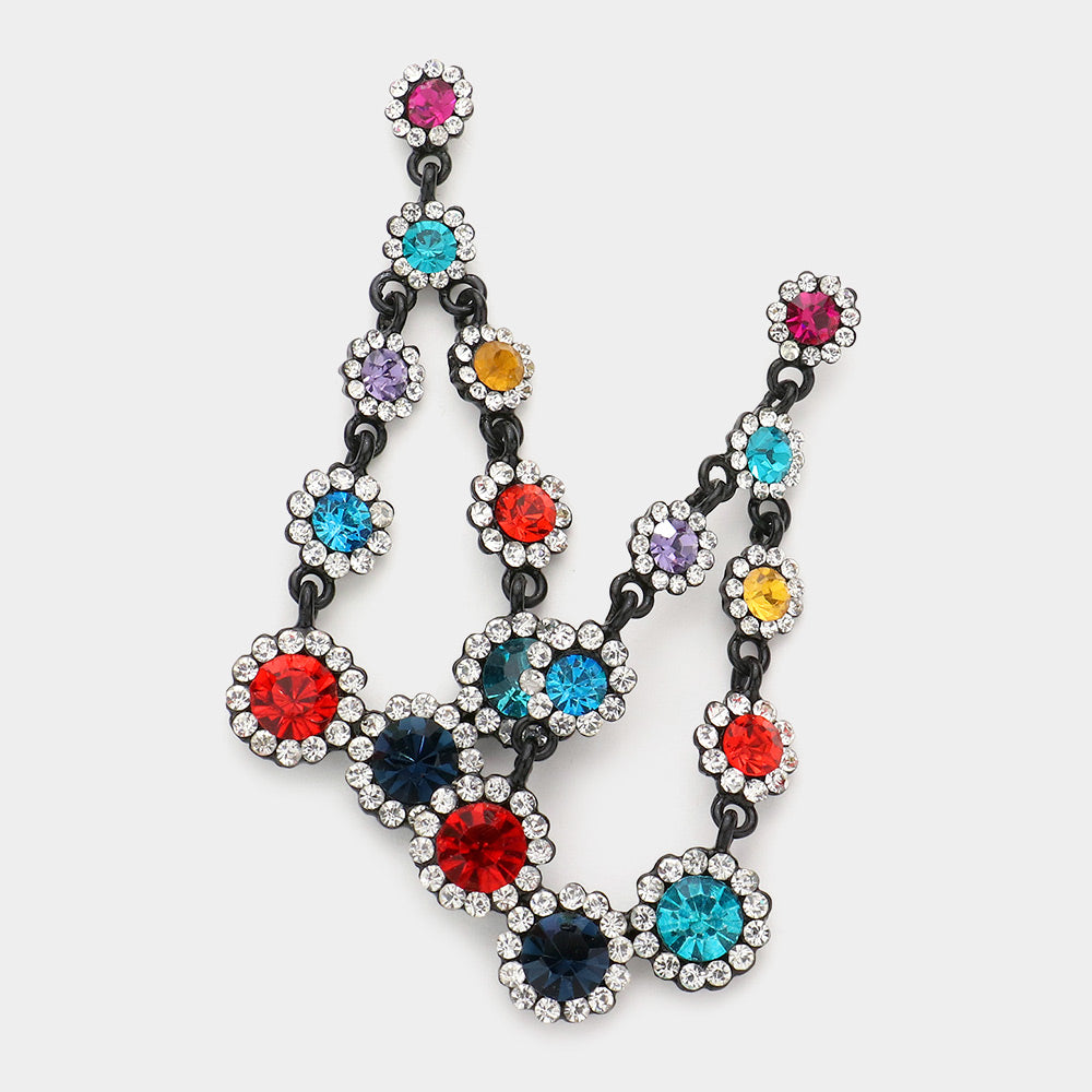 Rhinestone Trim Round Stone Link Dangle Evening Earrings - Multi - Earrings