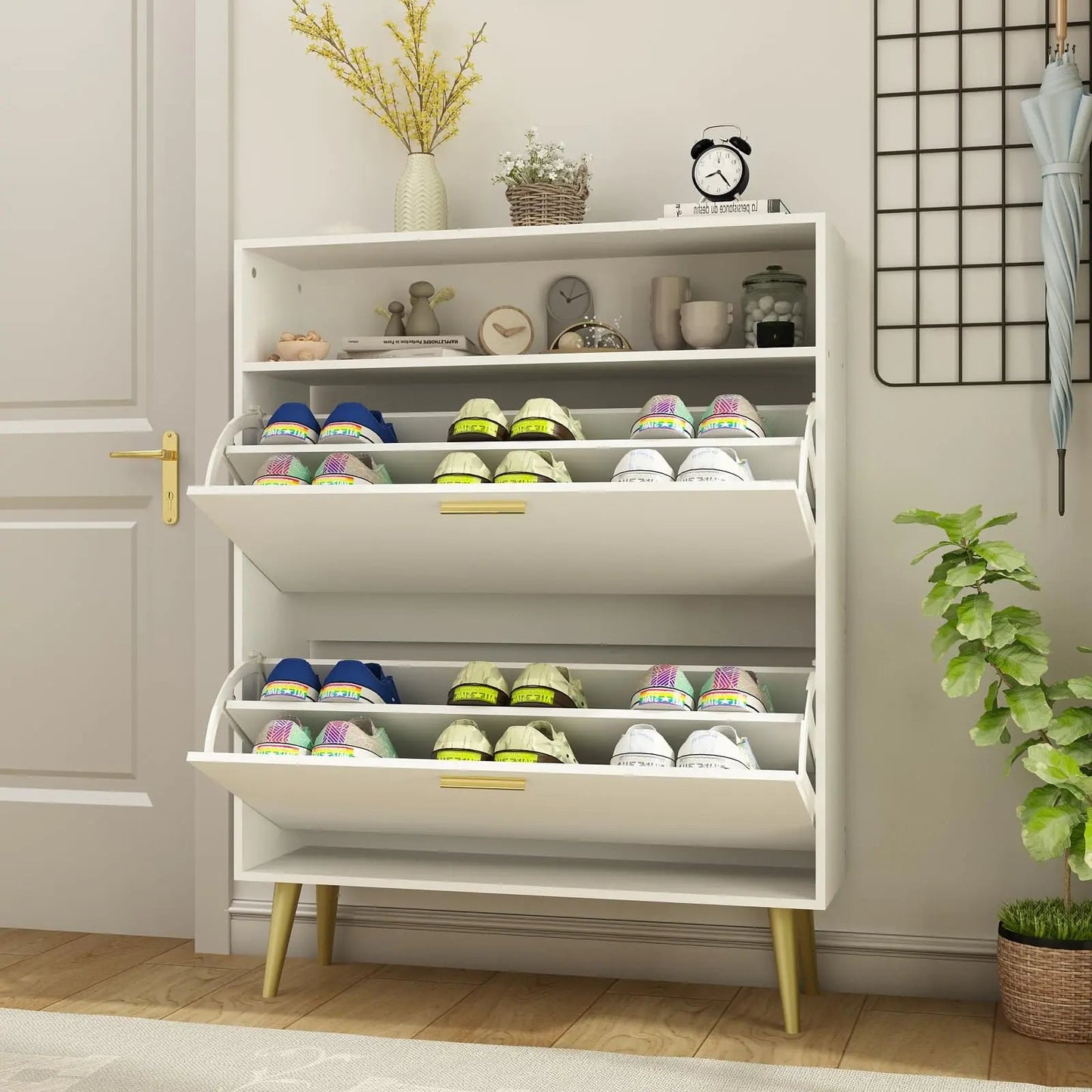 NOVAMAISON Shoe Cabinet for Entryway White Shoe Storage Cabinet with 2 Flip Doors and Shelf Narrow Hidden Shoe Cabinet for Entryway Slim Freestanding Shoe Rack Cabinet White Kia Day Design