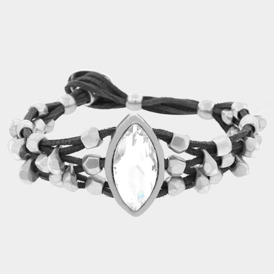 Crystal Accented Chunky Metal Bead Suede Bracelet - Black, Clear, Matte Silver - Bracelets