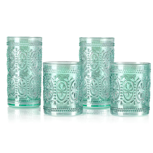 Green Glassware Set of 4 Vintage Drinking Glasses Colored Glassware Drinking Highball Embossed Beverage Glasses Cup for Party Wedding Home Office and Gift (2pcs12oz+2pcs10oz) Kia Day Design