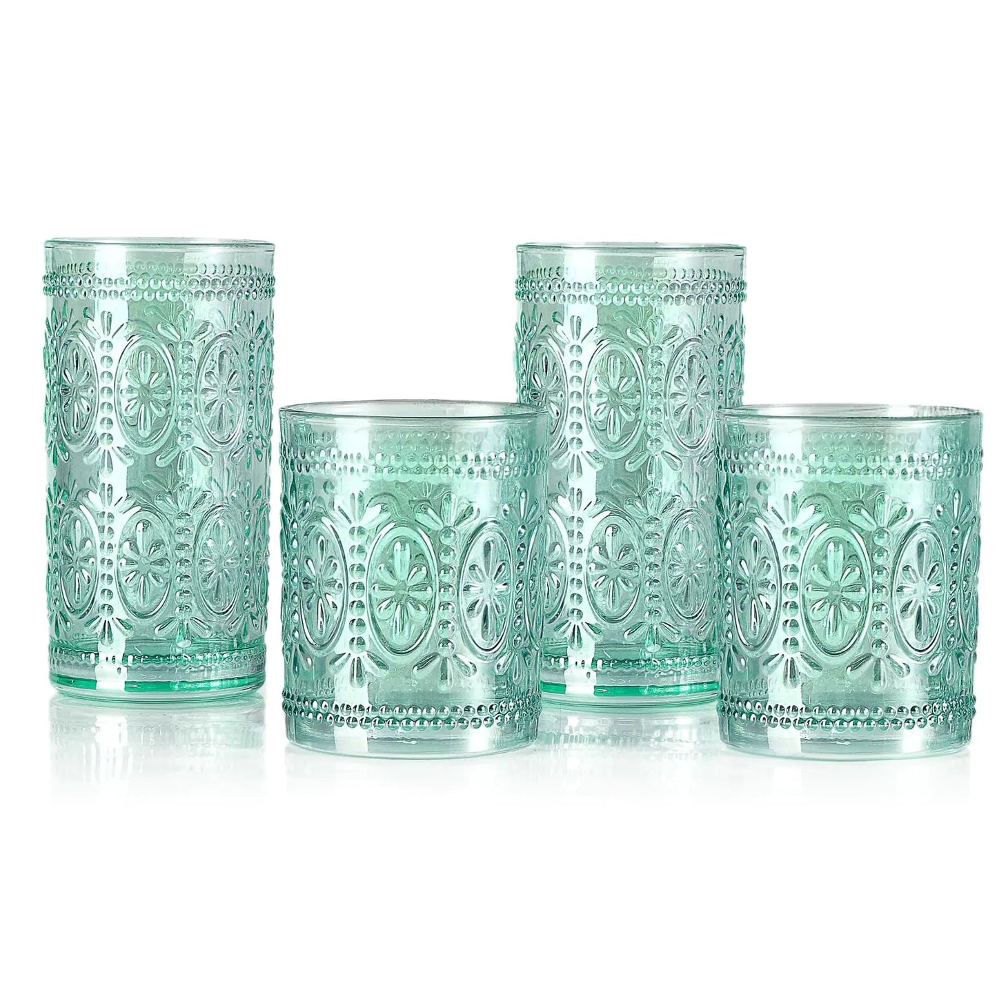 Set of 4 Vintage Green Highball Embossed Glasses - - drinkware