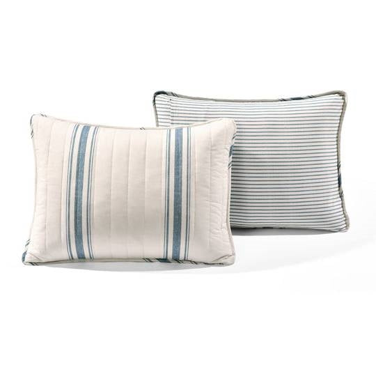 Full/Queen Blue Off-White Stripe 3 Piece Reversible Cotton Quilt Set - - Bedroom > Quilts & Blankets