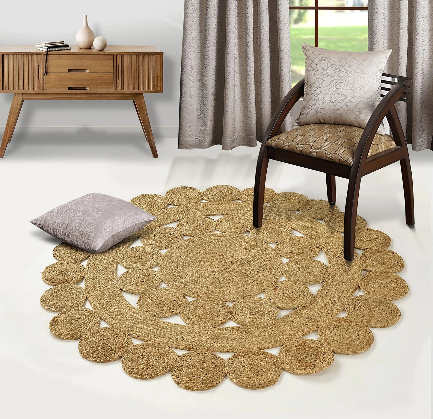 5ft Round Jute Area Rug Handmade Soft Braided Reversible Rustic Rug - Kia Day Design