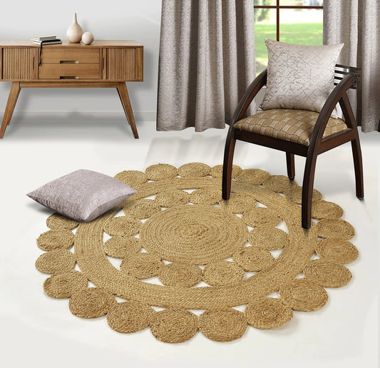 5ft Round Jute Area Rug Handmade Soft Braided Reversible Rustic Rug - Kia Day Design