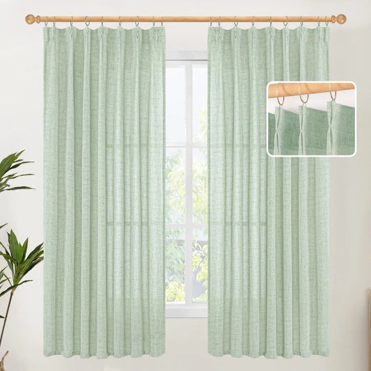 Sage Linen Curtains 40 X 63 Inch 2 Panels Textured Short Window Curtains with Hooks Back Tab - Kia Day Design
