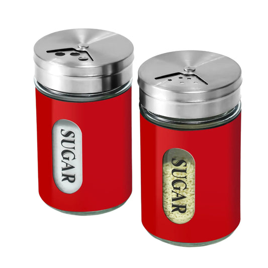 Red Stainless Steel and Glass Sugar Shaker Duster Set with Adjustable Pour Holes - - shakers