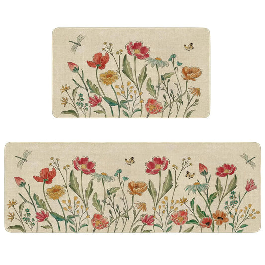 Butterfly Yellow Pink Floral Kitchen Rugs Set of 2 Non-Slip - Kia Day Design
