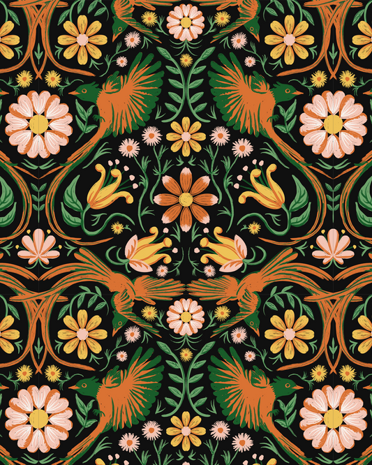 Folkie Birdie Wallpaper Black, Orange and Green - LUXE Peel & Stick - Wallpaper