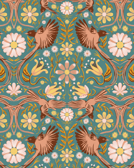 Folkie Birdie Wallpaper Dusty Teal, Peach and Rust - LUXE Peel & Stick - Wallpaper