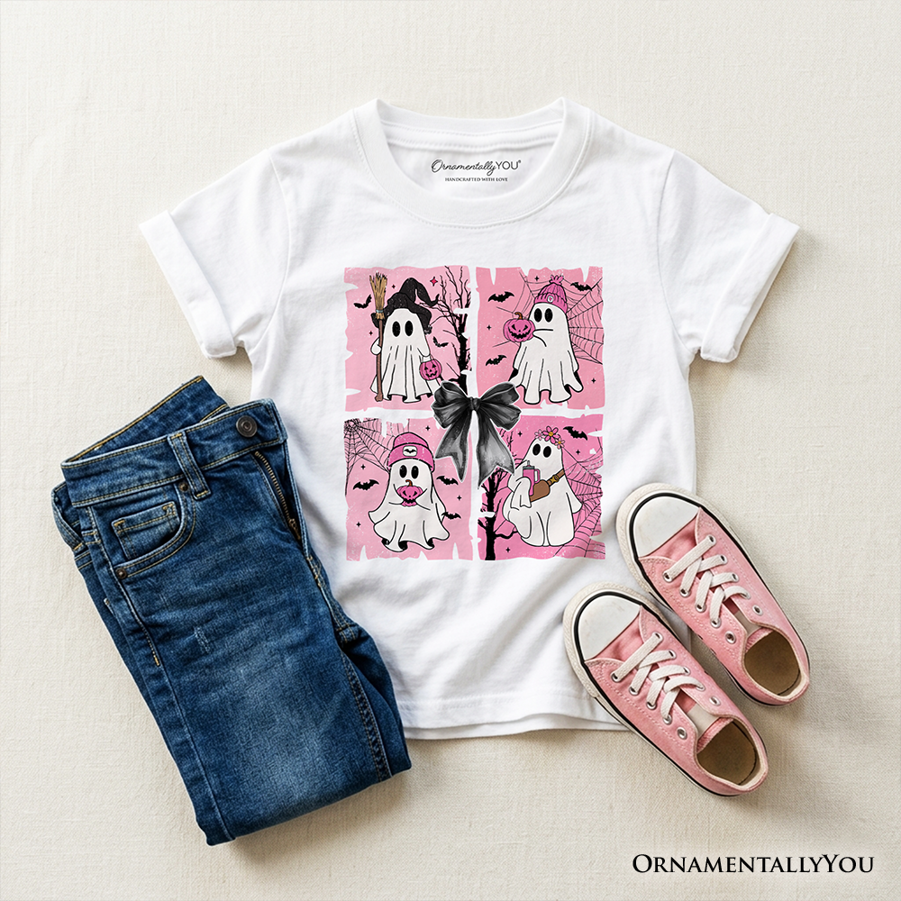 Kids Pink Halloween Ghost T-Shirt, Coquette Spooky Season Tee for Youth - White - Kid's T-Shirts
