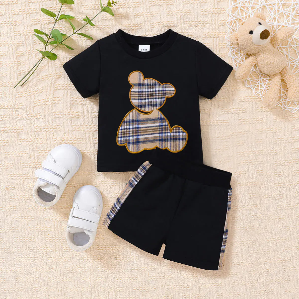 Baby Bear Graphic Round Neck Tee and Short Set Black 12-18M