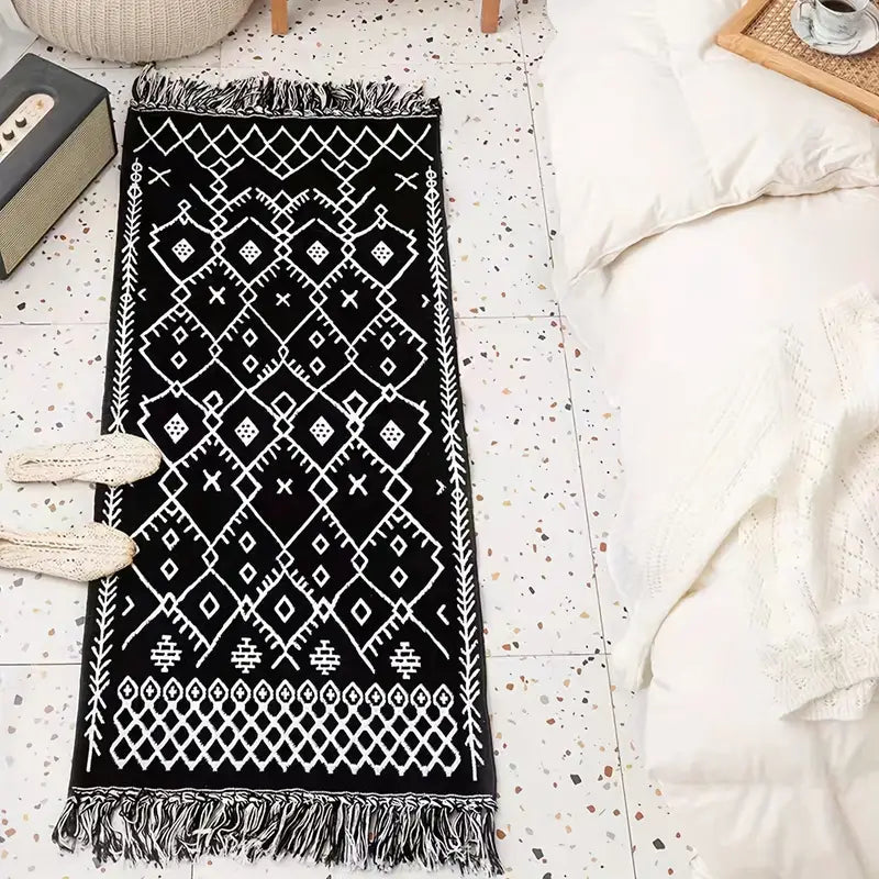 Black and White Doorway Floor Tassel Rug - Kia Day Design