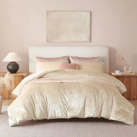 Beige Queen Size Crushed Velvet Duvet Set - Kia Day Design