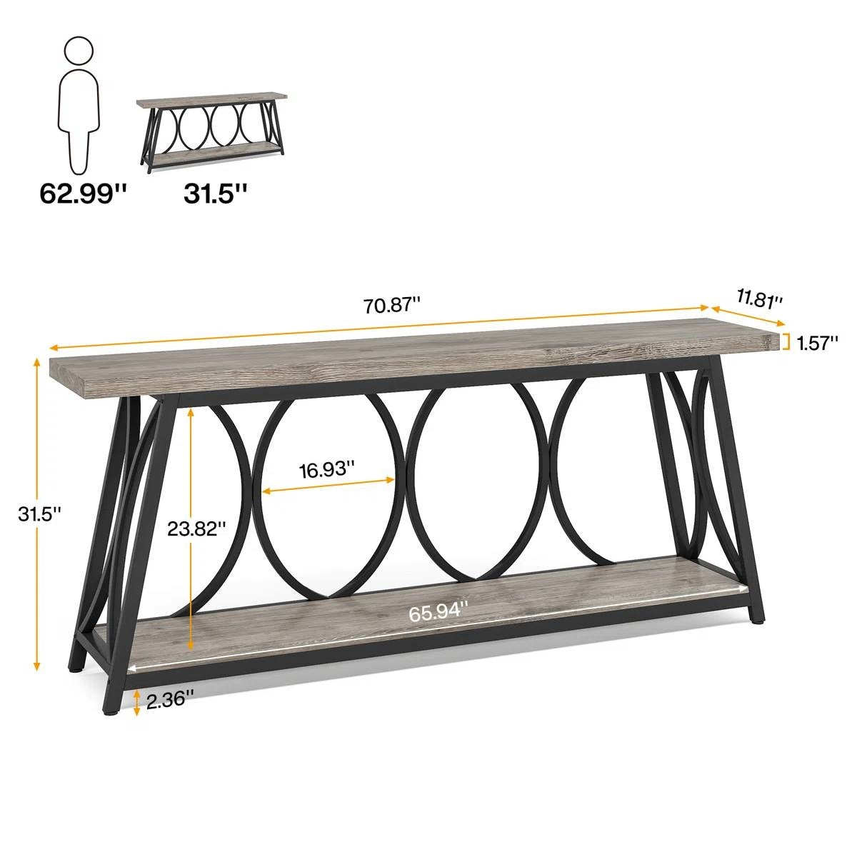 Industrial 70-inch Grey Wood Top Sofa Table with Heavy Duty Black Metal Frame - - Living Room > Console & Sofa Tables