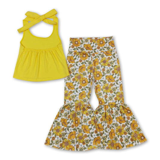 Yellow halter top floral bell bottom pants girls clothes - - spring,autumn clothes