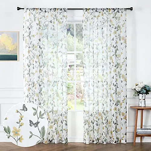 Sheer Floral Curtains Yellow Flower Butterfly Printed Rod Pocket Voile Faux Linen 54 x 63 inches Long 2 Panels - Kia Day Design