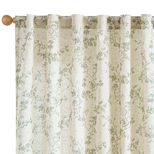 Cream Floral Linen Rod Pocket Curtain Set - Green on Beige 50"W x 63"L (Pack of 2) - curtains