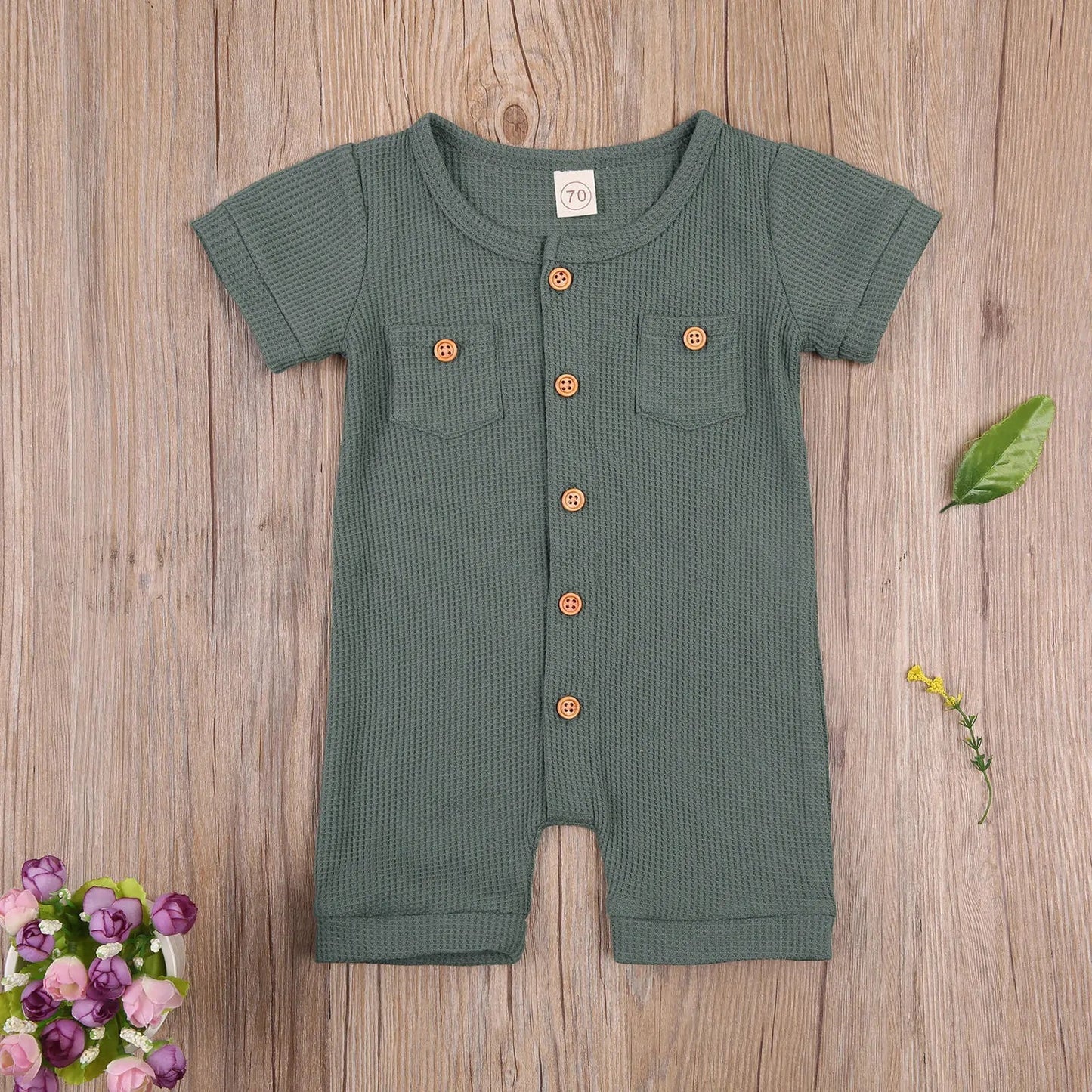 Solid Color Short Sleeve Round Neck Button Baby Playsuit Kia Day Design