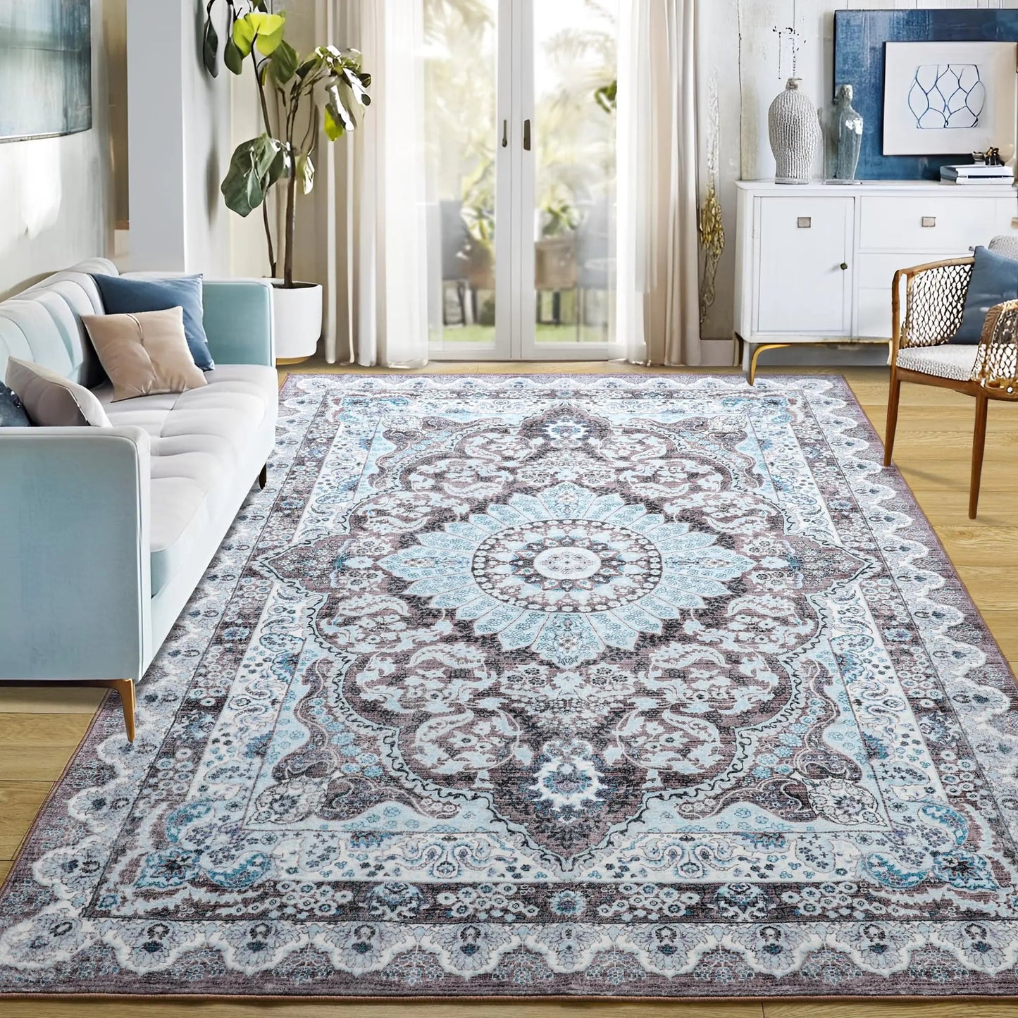 Blue Machine Washable Vintage Non-Slip Low Pile Throw Rugs with Rubber Backing - Kia Day Design