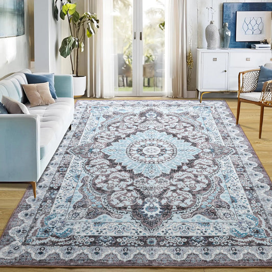 Blue Machine Washable Vintage Non-Slip Low Pile Throw Rugs with Rubber Backing - Kia Day Design