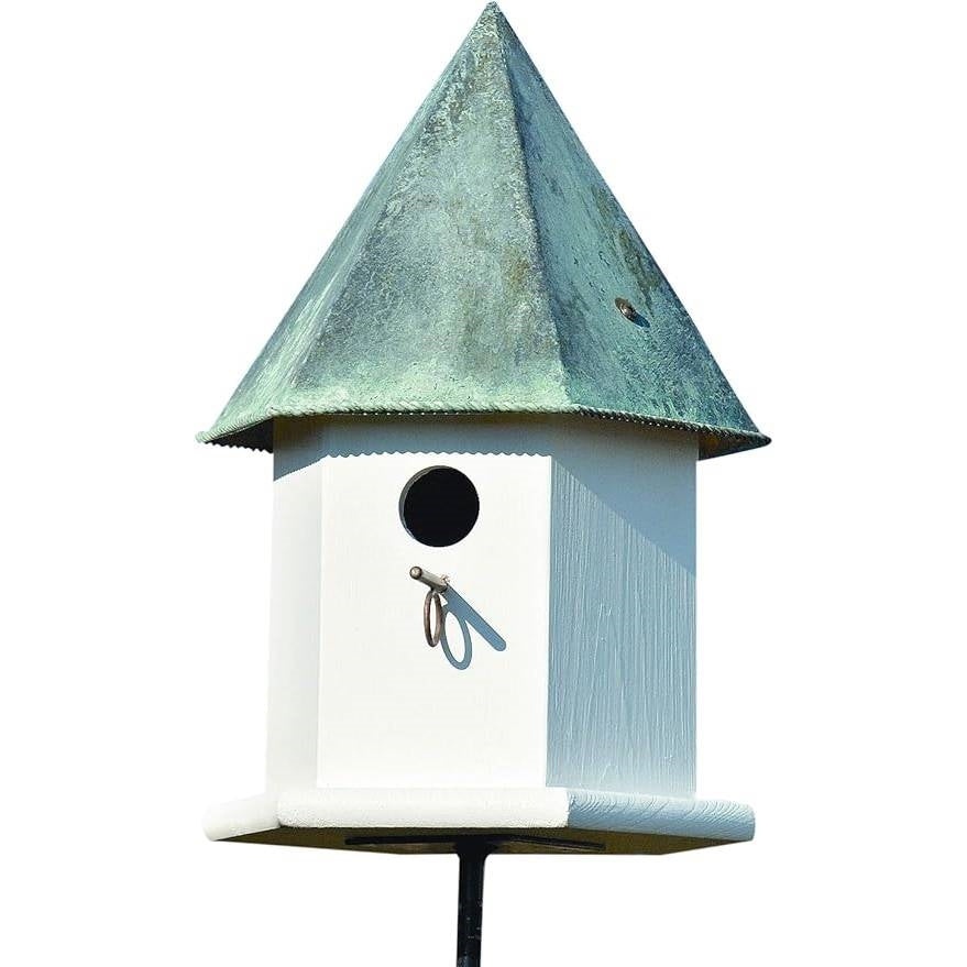 White Octagonal Bird House with Verdigris Copper Roof - Made in USA - - Outdoor > Outdoor Decor > Bird Houses