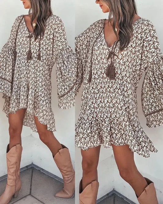 Spring V Neck Floral Sleeve Long Dress - Kia Day Design