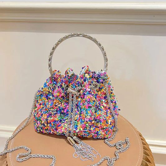 Shiny Chain Tassel Sequins One Shoulder Bucket Bag - Colour - handbag
