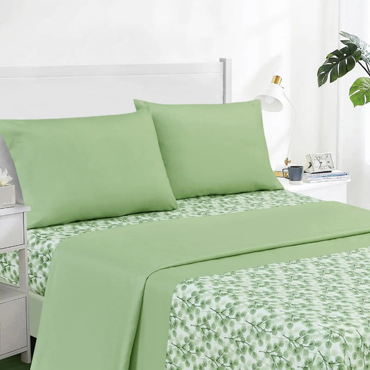 ARTALL 4-Piece Full Size Sheet Set Soft Microfiber All-Season Bed Sheets Includes 2 Pillowcases 1 Flat Sheet 1 Fitted Sheet with 12" Deep Pockets Half Leaf and Half Solid Print Design Green Kia Day Design
