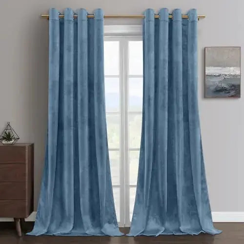 HOMEIDEAS Stone Blue Velvet Curtains 52 x 84 Inches Long Heavy Thermal Insulated Grommet Window Drapes for Living Room Bedroom 2 Panels Kia Day Design
