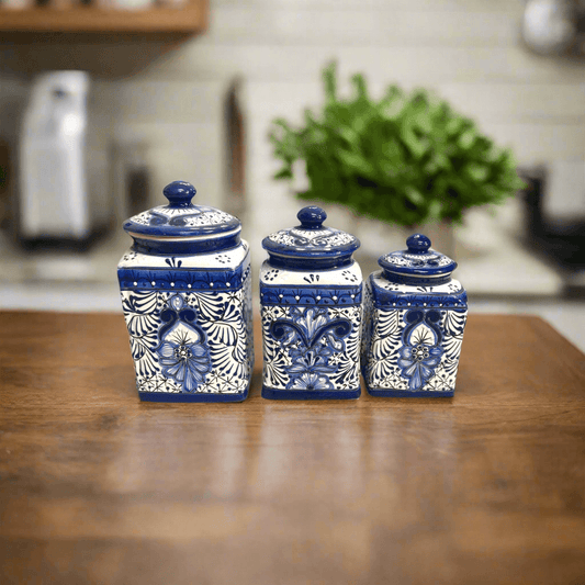 Blue Talavera Canister Set Handmade Mexican Ceramic Jars - - Talavera Canister Set