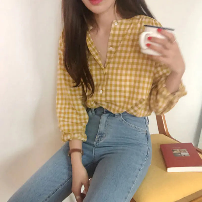 Loose Checkered Button-Up Long Sleeve Shirt - Kia Day Design